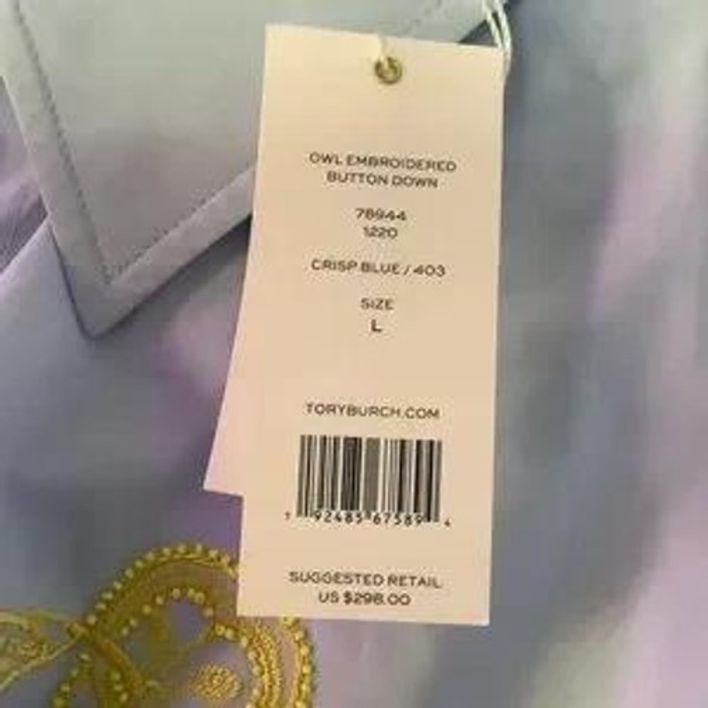 Tory Burch Button-Up Shirt Womens Size L Blue NWT Owl Embroidery Long Sleeve - Picture 6 of 12